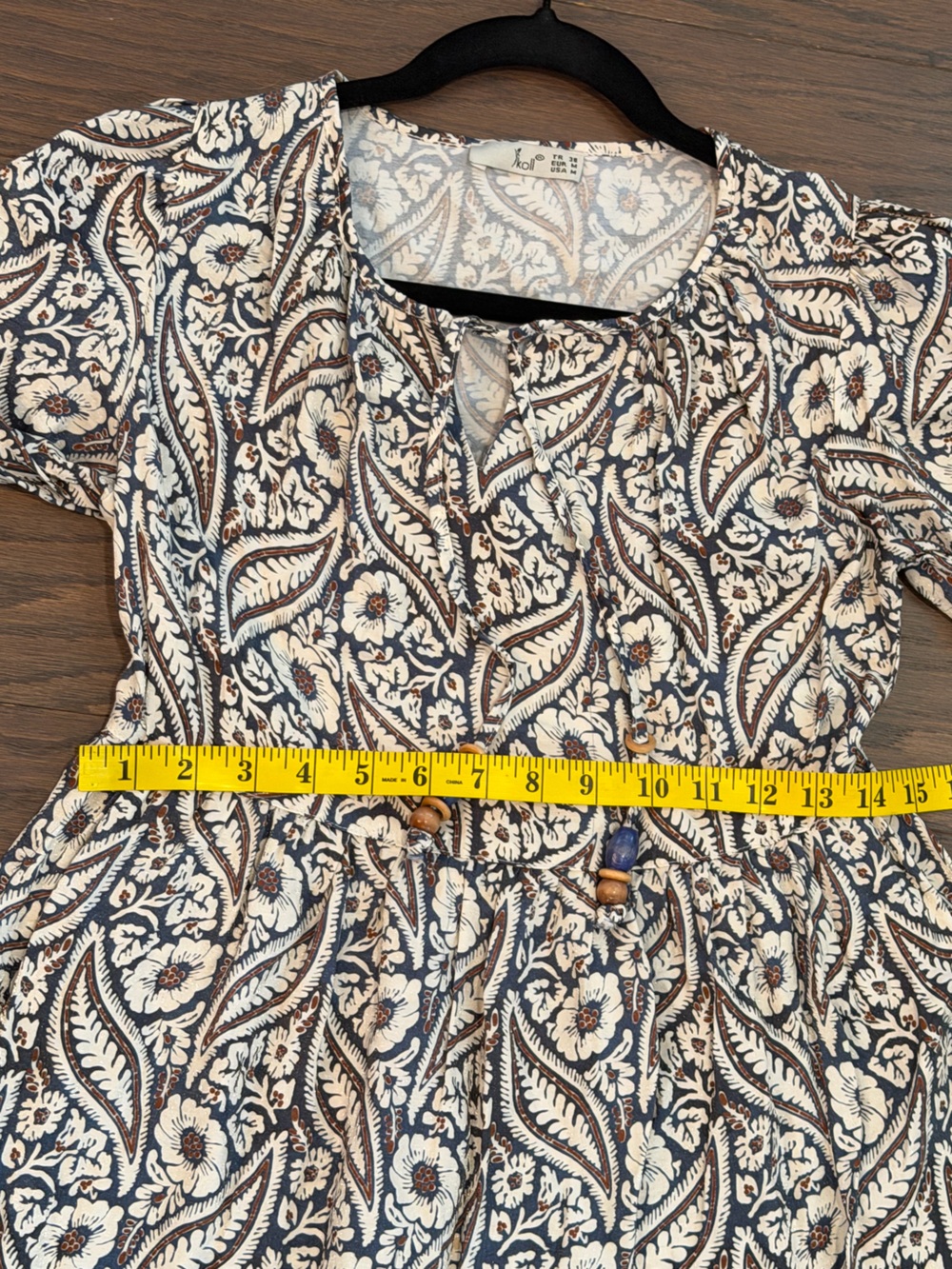 IKOLL Boho Paisley Floral Midi Dress Blue Ivory Long Sleeve Tie Neck Size Medium - Picture 7 of 11